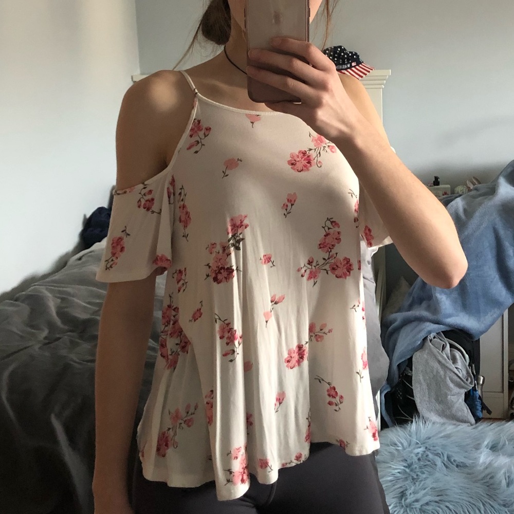 White Open-Shoulder Top with Pink Flowers